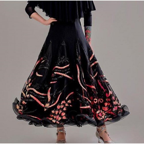 Custom size women girls wine pink black floral competition dance long skirts modern waltz tango foxtrot smooth dance skirts for lady